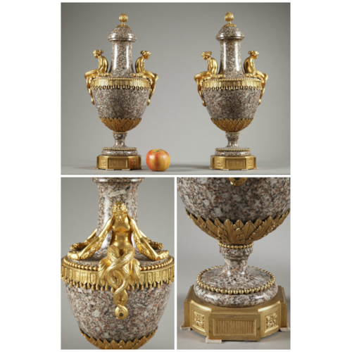 Mid-19th century pair of vases in Ural granite and gilt bronze